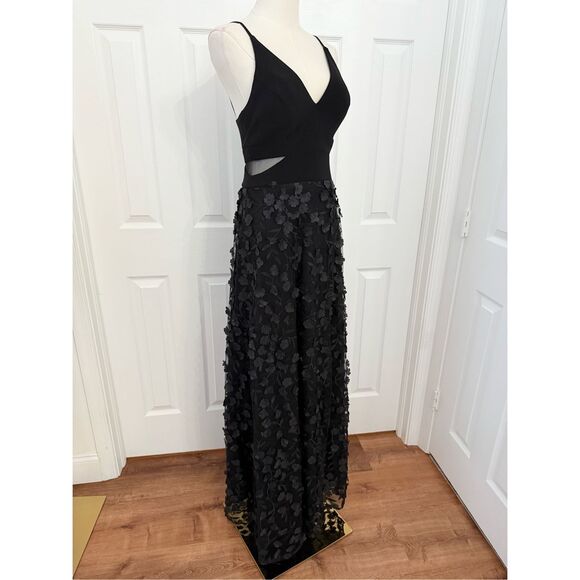 Aqua Formal Mesh Black Floral Applique V-Neck Side Slit A-Line Maxi Gown Dress 2 - Picture 1 of 5
